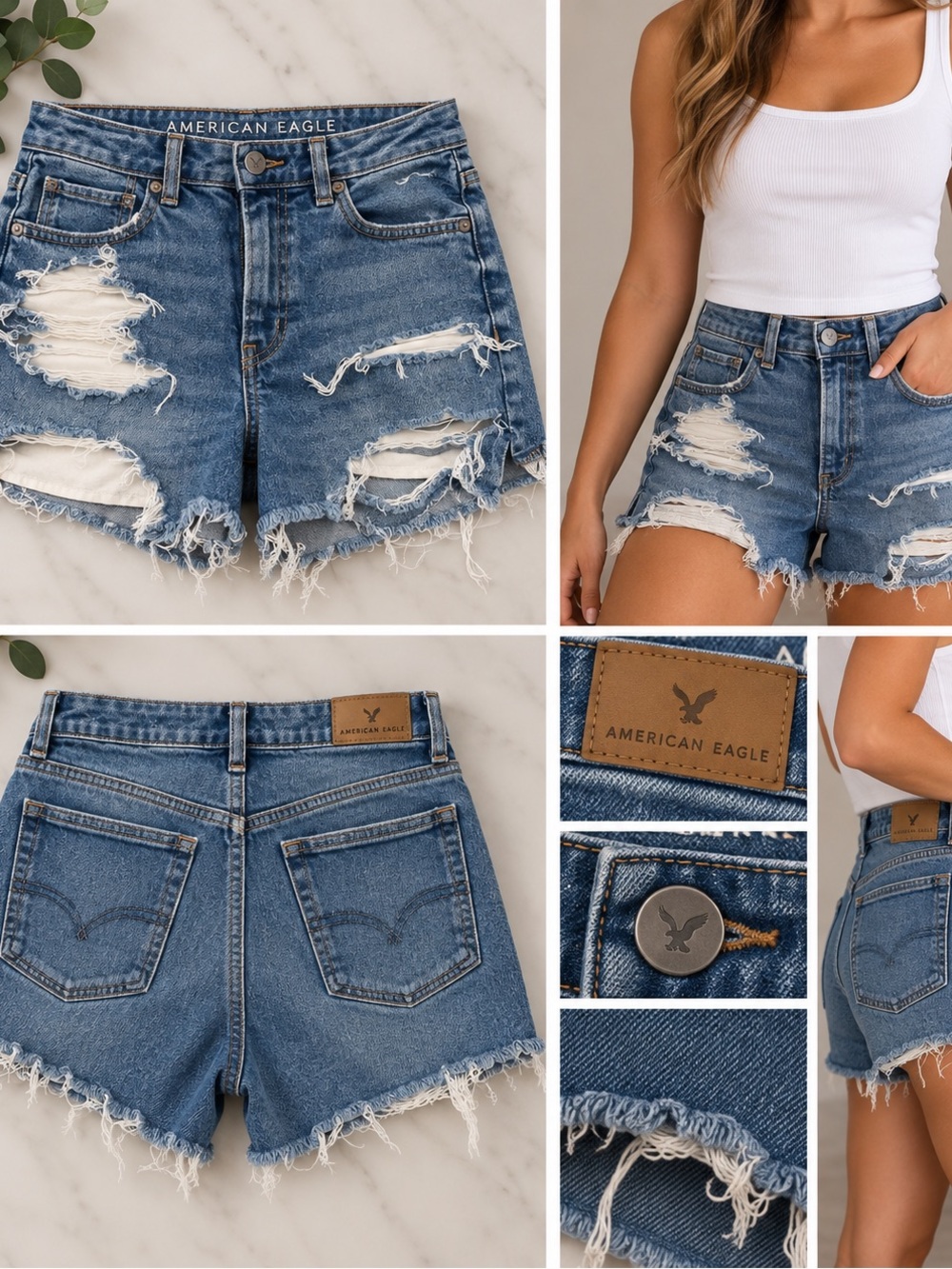 American Eagle Outfitters Distressed High-Rise Denim Shorts - Blue